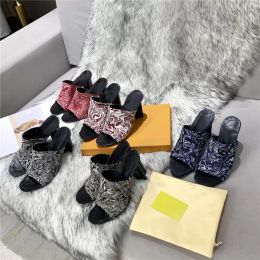 2023 Women Sandals Summer Sofia High Heels Fashion Cat Heel Slides Genuine Leather Slippers Printing Shoes Party Wedding Sandal