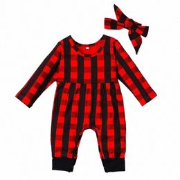 Rompers Kids Baby Jumpsuits Spring and Autumn Christmas Red Plaid Long Sleeve Butterfly Knot Climbing Clothes J8xo#