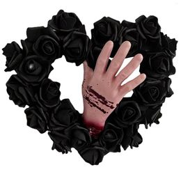 Decorative Flowers Halloween Wreath With Black Artificial Roses 13.8-Inch Handmade Blood Hand Outdoor Props Gothic Decoration