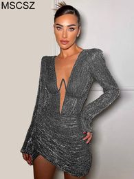 Casual Dresses Black Sequin Short Party Women V-Neck Long Sleeve Bodycon Pleated Mini Evening Luxury White 221018