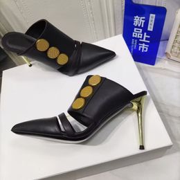 Gold Coin Emblem Women's Sandals Fashion Pointed Leather Metal Heel 9.5cm High Heel Slippers Wedding Bride Latte Dress Shoes 35-42