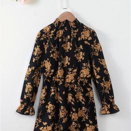 Girls Floral Print Shirred Mock Neck Flounce Sleeve Dress SHE