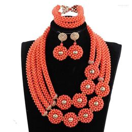 Necklace Earrings Set & Coral Flower African Beads Handmade Braids Costume For Women And Gold Wedding ABH748