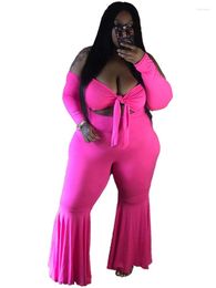 Tracksuits 5XL Plus Size Set Women Clothes 2 Piece Crop Top And Flare Pants Rompers Suit Autumn Solid Fashion Sexy Big Outfits