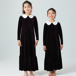 4 to 16 years girl velour maxi long dress child girls fall winter deep purple peter pan collar ankle length ruffle velvet dress 211025