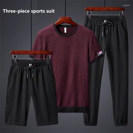 Men's Tracksuits Ice Silk Large Size Stretch T-shirt Casual Pants Suit Summer Men's 3 Piece Sports Harajuku Sportswear Mens Joggers Set