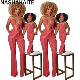 NASHAKAITE Mum And Daughter Clothes Summer Fashion Striped Sexy Sling Jumpsuit Mommy And Me Jumpsuit Family Matching Outfit 220426