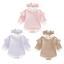 Rompers Autumn 2Pcs Baby Girl Fall Outfit Stripe Patchwork Ruffle Long Sleeve Romper Hairband Set for Infants 0-18 Months 221018