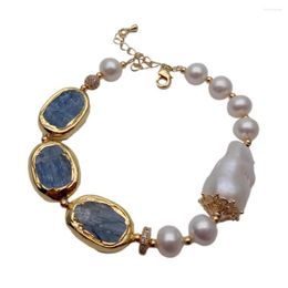 Strand Y.YING Freshwater Cultured White Keshi Pearl Natural Blue Kyanite Bracelet Fashion Fine Handmade Jewellery For Gift