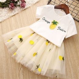 Summer Girls' Clothing Sets Cute Korean T-Shirt Spell Yarn Pine Embroidery Skirt 2PCS Princess Kids Children Clothes 220425