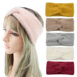 Solid Colour Imitation Mink Cashmere Wide Headband Cross Knot Fluffy Bow Hairband Women Winter Ear Warmer Cycling Yoga Turban