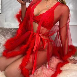Women's Sleepwear Transparen Robe With Feathers For Women Sexy Pajamas Women's Tulles Lace Suspender Nightdress Bathrobe Home Clothes