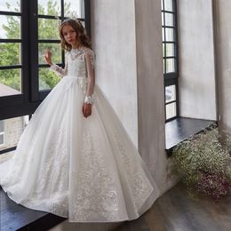 White Flower Girls Dresses Long Sleeve Sequin Button Back Kids Communion Gown Floral Appliques Child Birthday Party Dress 326 326