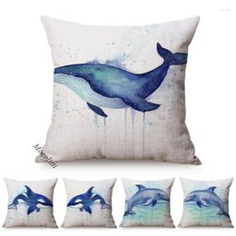 Pillow Blue Ocean Animal Whale Dolphin Watercolour Art Home Decor Sofa Throw Case Cotton Linen Square Chair Cover Cojines