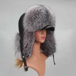 Berets Genuine Silver Fur Hat With Ear Flaps Real Natural Caps For Russian Women Bomber Hats Trapper Cap Leather Top