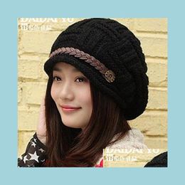 Beanie/Skull Caps Winter New Fashion Womens Hats Solid Color Black Ladys Caps Sale Acrylic Warm Womans Headwear Autumn Hat For Femal Dhqbx
