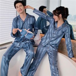 Men's Sleepwear Solid Color Couple Silk Satin Pajama Sets Long Button-Down Pyjamas Home Clothes Pijama Men's Loungewear Plus Size Pjs