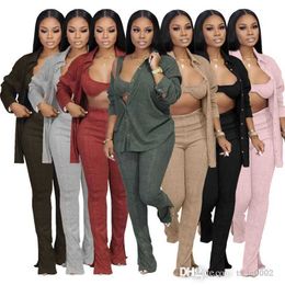 Autumn Womens 3 Piece Pants Set High Elastic Pitted Thread Outfit Sexy Long Sleeve Split Shirt With Bra And Leggings Casual Suit