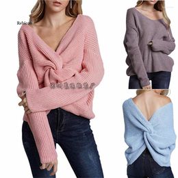 Women's Sweaters 2022 Autumn And Winter Solid Colour Pullover Knit Sweater Round Neck Double-Sided Open Back Cross Women