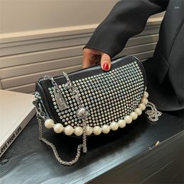Evening Bags Diamonds Small Saddle Fashion Luxury Pearl Chain Shoulder For Women Shiny Rhinestone Ladies Armpit Purses Handbags