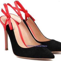 Dress Shoes Retro Slingback Pumps With Feminine Ankle Red Bow Straps Stiletto Heeled Pointed Toe Ladies Designer High Heel