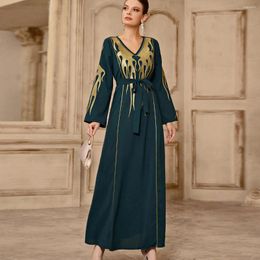 Ethnic Clothing Wepbel Arabic Robe Muslim Maxi Dress Women V-neck Eid Abaya Ramadan Islamic Clohting Gold Thread Embroidery Lace Up