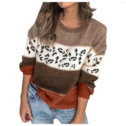 Women's Sweaters Autumn Winter Fashion Women Colour Block Striped O Neck Pullover Sweater Long Sleeve Leopard Print Knit Jumper Tops