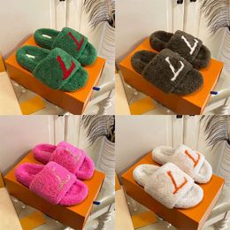 Lady Slippers Womens wool Slides Winter Fluffy Furry Warm letters Sandals Comfortable Fuzzy Inverted triangular iron sheet brown Girl Pink Flip Flop Fur Slipper