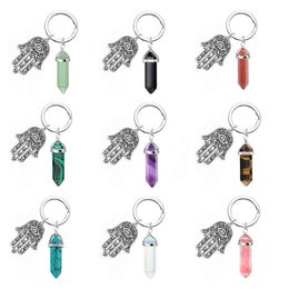 Natural Hexagonal Column Stone Keychain Key ring Fatima Evil Eye Palm Key Chain For Women Men