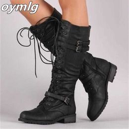 Boots Knee High Women Autumn Woman Shoes Winter Lace Up Vintage Flat Shoes Sexy Steampunk Leather Retro Buckle Ladies Snow 221013