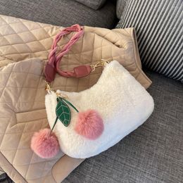 Evening Bags Winter Plush Cherry Bag Women Fashion Casual Fax Fur Shoulder Handbag Solid Color Japan Korea Chain Crossbody Female