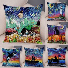 Oil Painting Pillowcase Sofa Cushion Cover Animal Sunflower Starry Night Throw Pillow Cases Wedding Party Home Decor 45x45cm