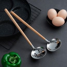 Japanese Style Beech Wood Handle Soup Spoon Stainless Steel Soup Ladle Long Handle Wooden Spoon Kitchen Cooking Utensil RRE15156