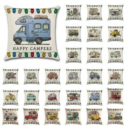 Pillow Happy Campers Cartoon Caravanning Linen Covers Vintage Pillowcase Livingroom Sofa Modern Decorative Throw Pillows Cover