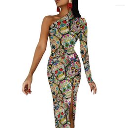 Casual Dresses Colorful Skeleton Side Split Bodycon Dress Woman Sugar Skulls Floral Print Pretty Maxi Summer Long Sleeve Party DressesCasual