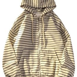 Zip Up Women Korean Style Hoodies For Girls Top Vintage stripe Long Sleeve Oversized Hooded Sweatshirt Jacket Casual Large Coats 220816