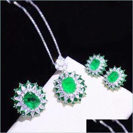 Earrings Necklace Earrings Necklace Exquisite 925 Sterling Sier Jewelry Set Emerald Gemstone Rings Fine Women Color Treasure Drop Dhuwd