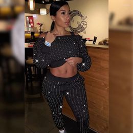 Women's Tracksuits Sexy Glitter Club Outfits For Women Spring Off The Shoulder Crop Top And Pants Set Elegant Rhinestone Sparkly 2 Piece