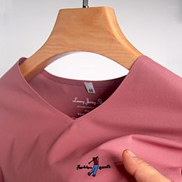 Herren-T-Shirts hochwertige Eisseide atmungsaktiven Langarm T-Shirt Herren V-Ausschnitt Fr￼hling und Herbst Trend Exquisites bestickter Top