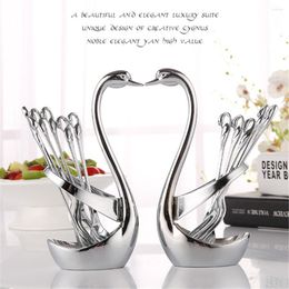 Dinnerware Sets Swan Fruit Forks Spoons Set Stand Holder Tableware Stainless Steel Wedding Party Kitchen Fork Decoration