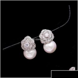 Stud Lovely Diamond Zircon Camillia Flower Pearl Earrings For Woman Girls Super Glittering Ins Fashion Luxury Designer 925 Sier Post Dhxgk