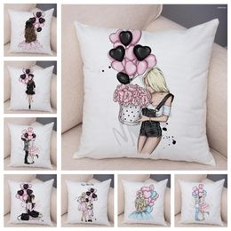 Pillow Soft Plush Cover Cute Cartoon Girl Print Pillowcase Decor Pink Balloon I Love You Case For Sofa Home45X45cm