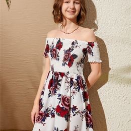 Teen Girls Off Shoulder Shirred Bodice Floral Print Dress SHE