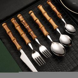 Dinnerware Sets Creative Tableware With Bamboo Handle Steak Knives Cutlery High Quality Stainless Steel Flatware Fork Spoons