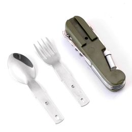 Outdoor Gadgets Detachable Camping Utensils Cutlery Set with LED Stainless Steel Travel Foldable Knife Fork Spoon Bottle Opener Multi Function Flatware Tableware