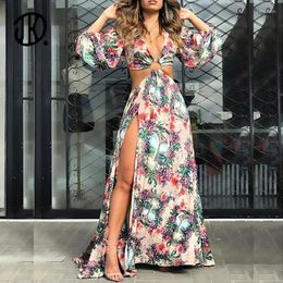 Casual Dresses Bohemian Style Hollow Puff Sleeve Dress 2022 Sexy Printed Backless Split Long Robe Ladies Spring/Summer 3XL For
