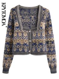 Women's Sweaters KPYTOMOA Women Fashion Jacquard Cropped Knitted Cardigan Sweater Vintage Long Sleeve Button-up Female Outerwear Chic Tops 221018
