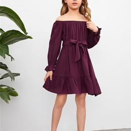 Girls 1pc Off Shoulder Plicated Belted Flounce Sleeve Ruffle Hem Dress SHE