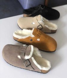 Australien Designer Pelz Boston Birkin Scuff Hausschuhe für Frauen Wolle Clogs Kork Slipper Wildleder Winter Folien warme Außensohle Schuhe mit Box NO421