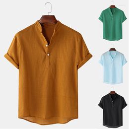 Men's Casual Shirts ICCLEK 2022 Summer Men's Cotton And Linen Short Sleeve Shirt Solid Color Stand Collar Beach Men